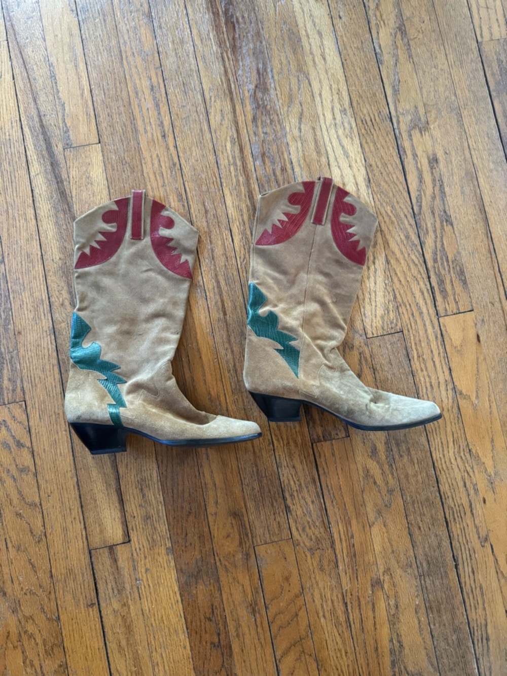 Nine West vintage Suede Western Boots in Taupe with Red & Teal Accents